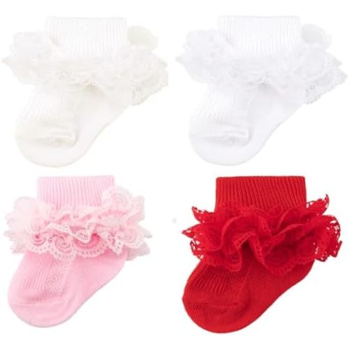 4 Pack Baby Girls Socks Eyelet Ruffle Lace Baby Socks Newborn Infant Toddler Dress Socks Frilly Ruffle Socks for Girls