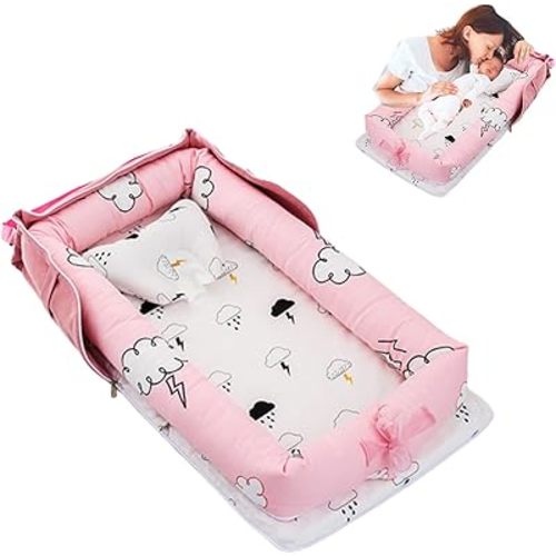 Baby Lounger with Pillow,Baby Lounger for Newborn Portable,Baby Nest Cosleeping for Baby in Bed Adjustable Size & Strong Zipper Lengthen Space to 24 Months(Rain Cloud)
