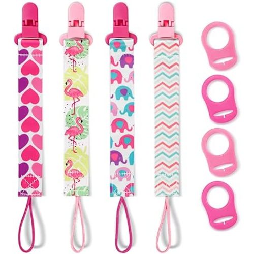 4 Pack Pacifier Clips for Boys Girls, Dummy Clips Baby with Adapters, Silicone Binky Clips for Baby Teething Toys Baby Shower (Pink)