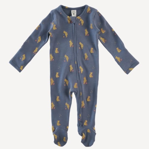 long sleeve two way zipper footie | stone blue pooh | organic cotton interlock