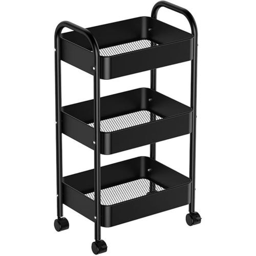 3 Tier Rolling Cart,Metal Utility Cart with Wheels,Detachable Rolling Storage cart, Multifunctional Storage Organizer Trolley for Kitchen, Living Room, Office, Garage(Black, 3 Tier)