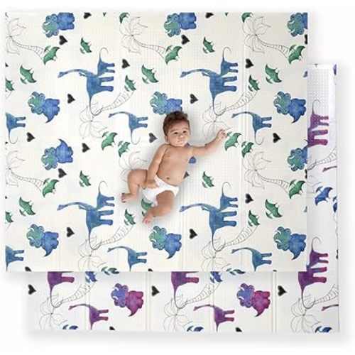 JumpOff Jo Baby Play Mat - Large Folding Foam Play Mat for Infants, Babies, Toddlers, Waterproof, Double-Sided (70" x 59") - Tiny Dinos