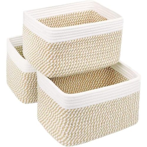 Small Cotton Rope Storage Basket Set of 3-11"x7"x7" Perfect Woven Baskets for Storage, Ideal Storage Baskets for Organizing Toys, Towels, and More - Baskets for Shelves(White & Mixed Camel)