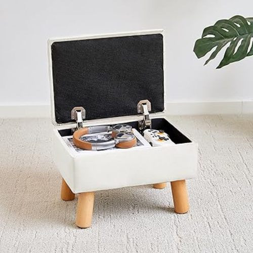 Ottoman Foot Stool with Storage, Rectangular Velvet Foot Rest with Solid Wood Legs, Flip Top Ottoman Foot Rest with Soft Padded Seat for Bedroom Living Room, White