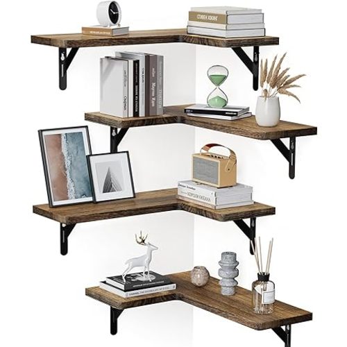Amada HOMEFURNISHING Corner Floating Shelves, Set of 4 Corner Wall Shelves, Shelves for Wall Decor, Corner Wood Shelves for Home Decor, Office, Bedroom, Bathroom, Laundry Room, Kitchen, Brown