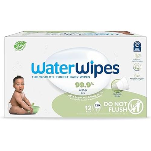 WaterWipes Plastic-Free Textured Clean, Toddler & Baby Wipes, 99.9% Water Based Wipes, Unscented & Hypoallergenic for Sensitive Skin, 720 Count (12 packs), Packaging May Vary