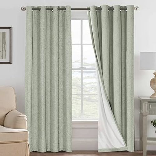 Bedroom Curtains Blackout, Sage Green Linen Blackout Curtains 84 Inches Long, 100% Blackout Thermal Textured Linen Look Curtain Draperies Grommet with White Liner, 2 Panels
