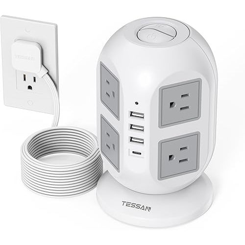Tower Surge Protector Power Strip 10 ft, TESSAN Long Flat Extension Cord with Multiple Outlets, 8 AC Outlets with 4 USB Ports (1 USB C), Charging Station with Surge Protection, for Home Office Dorm