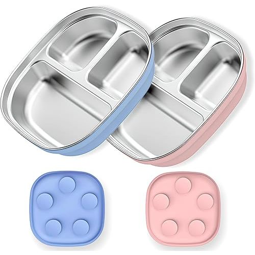 Stainless Steel Toddler Plates with Suction | Non-Slip Divided Baby Plates BPA Free & Non Toxic | Detachable Silicone Base| Dishwasher Safe | Unbreakable Kids Dinnerware 2-pack(Blue + pink)