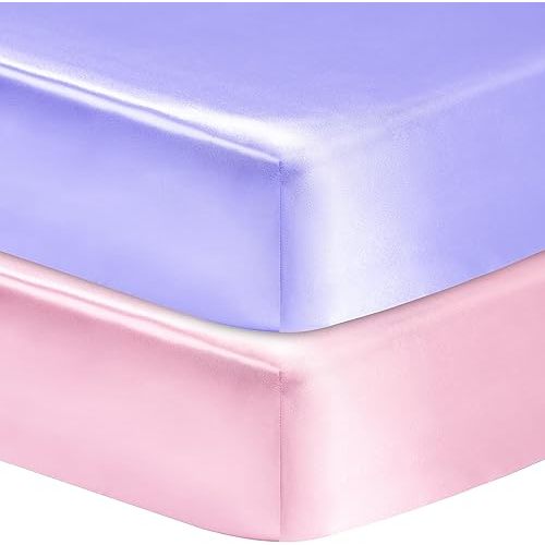 2 Pack Satin Soft Crib Sheet for Baby with Sensitive Hair Silky Baby Mattress Sheet Pink and Violet Unisex 52’’x28’’x8’’ Fitted Sheets