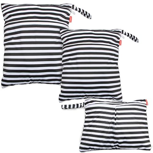 Damero 3pcs Travel Wet and Dry Bag with Handle for Cloth Diaper, Pumping Parts, Clothes, Swimsuit and More, Easy to Grab and Go, Black Strips - 3 Count (Pack of 1)