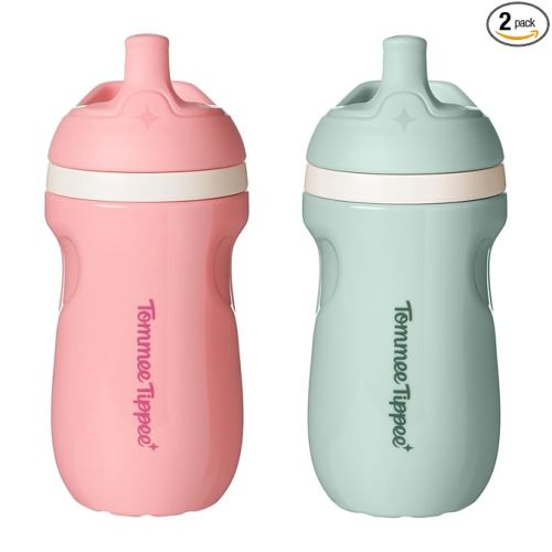 Tommee Tippee Insulated 9oz Sporty Spout Toddler Water Bottle, No Spill Sippy Cups for Toddlers 1-3, Two-Piece Valve Helps Stop Spills, BPA Free, Pink and Mint, Pack of 2