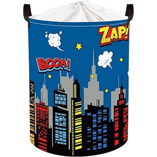Clastyle 45L Large Blue City Hero Skyline Kid Laundry Hamper with Handle Comic Hero Building Silhouettes Clothes Toy Boys Basket with Lid for Nursery
