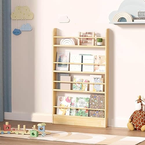 Behind The Door Bookshelf, 4 Tier Wall Mount Wooden Kids Bookshelf for Books and Toy Storage for Adult Space-Saving in Bedroom, Living Room, Playroom (47.2" H×27.6" W×3.9" D)