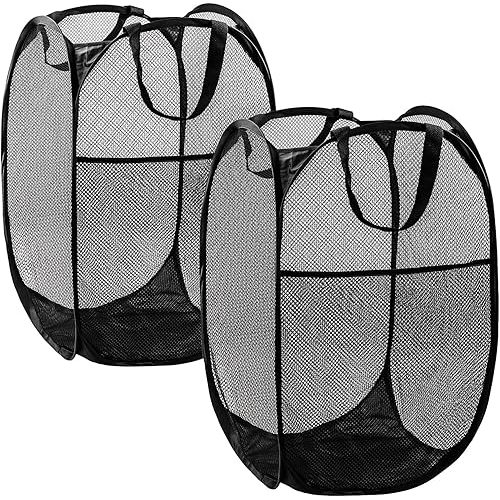 Pop Up Hamper, 2 PCS Mesh Pop Up Laundry Hamper, Foldable Mesh Laundry Basket with Space-Saving Design for Home, Dorm, Travel & Storage - Black