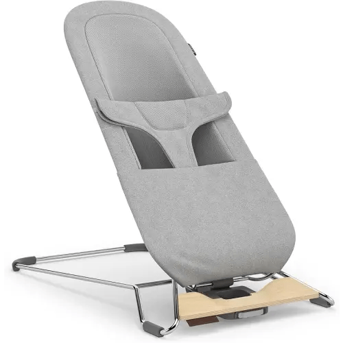 UPPAbaby Mira Bouncer/Portable 2-in-1 Bouncer + Seat Grows with Your Baby/GREENGuard® Gold, JPMA + FSC® Certified/Cozy Seat Liner + Storage Bag Included/Stella (Grey Mélange/Silver Chrome/Maple Wood)