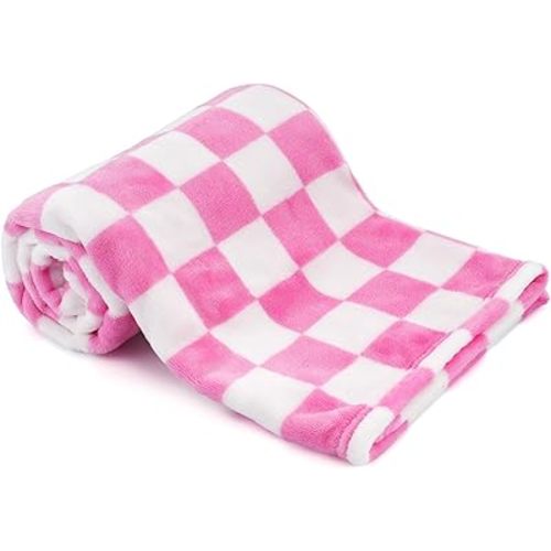 Plush Checkered Baby Blanket for Boys Girls Nursery, 30"*40" Warm Short Fleece Blanket Neutral for Infant Newborn, Small Fuzzy for Sleeping, Chenille Baby for Stroller (Pink&White)