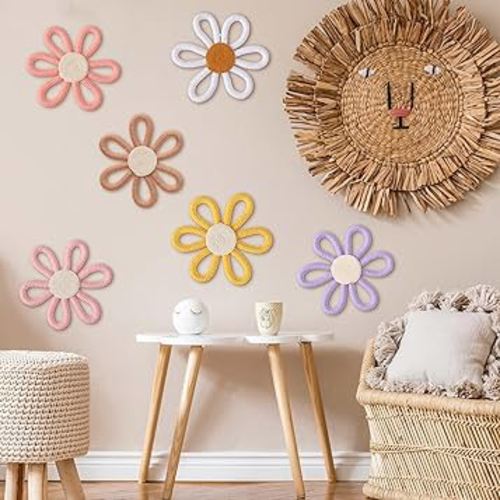 Zeyune 6 Pcs Boho Daisy Flower Wall Art Decor Boho Nursery Wall Art Decor Daisy Flower Woven Macrame Wall Hanging for Home Indoor Decorations Kids Girls (Colorful)