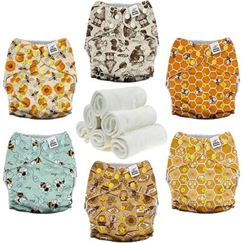 Mama Koala 3.0 Pocket Cloth Diapers for Babies with AWJ Lining, 6 Pack with 6 4-Layer Natural Cloth Diaper Inserts - Reusable and Washable Pocket Diapers(Hardworking Bees)