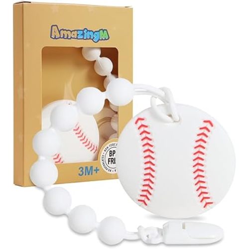 Baby Food Grade Silicone Sport Ball Teether Toy with One Piece Design Pacifier Clip Holder,Teething Pain Relief Toys Gift Set for 3 Months+ Boys and Girls,Freezer Safe,BPA Free. (Baseball)