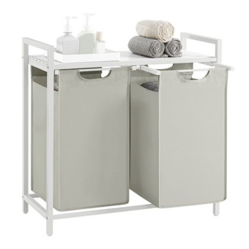 VASAGLE 46L Laundry Hamper Laundry Basket with 2 Pull-Out Bags Laundry Sorter with Shelf White