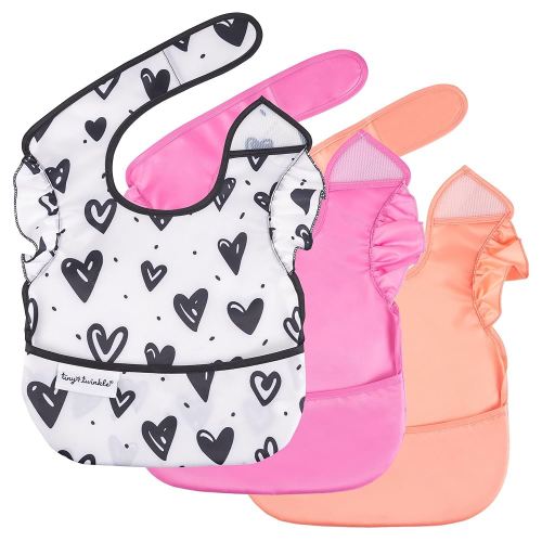 Tiny Twinkle Mess Proof Baby Bibs for Eating - Waterproof, Wipeable Bibs - Toddler Bibs - Travel Friendly - PFAS, PVC, BPA, Phthalate Free - Baby Food Bibs(3 Pack,Girl Hearts)