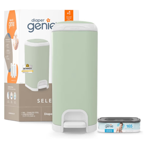 Diaper Genie Select Pail (Green) is Made of Durable Stainless Steel and Includes 1 Starter Square Refill That can Hold up to 165 Newborn-Sized Diapers.