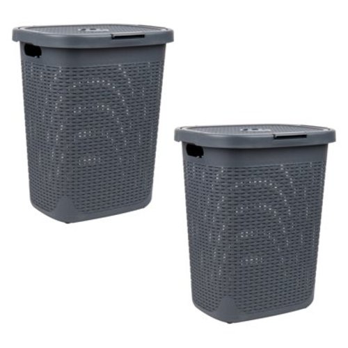 Mind Reader 50L Slim Laundry Hamper, Clothes Basket, Lid, Wicker Design, Plastic, 17.65"L x 13.75"W x 21"H, Set of 2, Gray