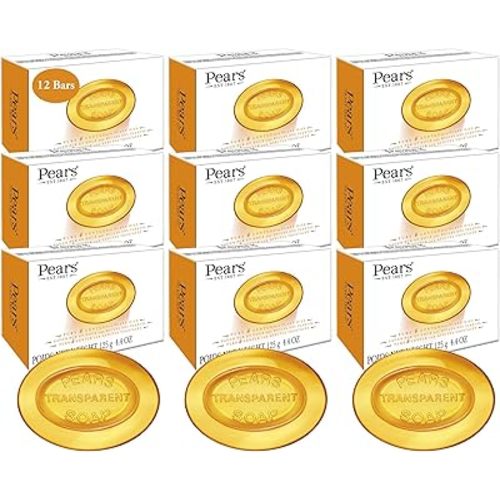 PEARS Glycerin Soap, Transparent Amber with Natural Oils, 12-Pack – Pure & Gentle Cleanser for Soft, Glowing Skin, 4.4 Oz Ea