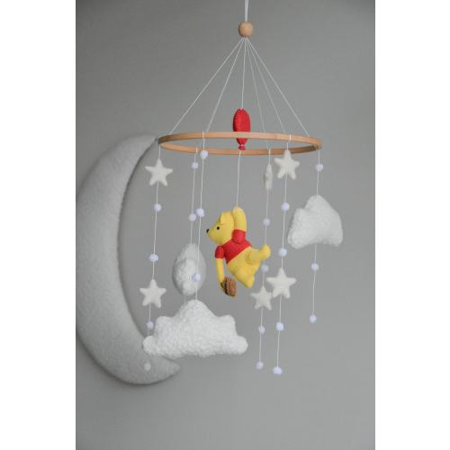 Winnie The Pooh boucle clouds and moon baby nursery mobile, Neutral baby mobile, Neutral nursery mobile, Clouds mobile, Felted stars mobile