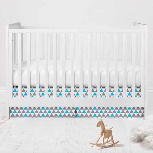 Bacati - Multiple Options of Crib or Toddler Bed Skirt or Dust Ruffle 100% Cotton Percale, Woodlands Animals Aqua/Grey Triangles Printed