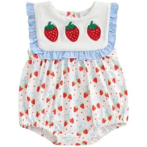 Baby Girl Fruit Clothes Lemon/Strawberry Embroidery Smocked Bubble Romper Sleeveless Ruffled Bodysuit Summer Outfit