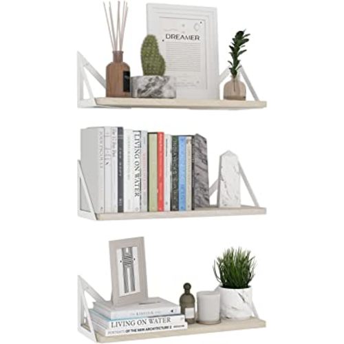 Wallniture Minori Floating Shelves for Wall Storage, Floating Bookshelf Set of 3, Bathroom and Kitchen Organizer Natural Wood Wall Shelves with White Brackets