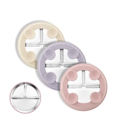 Stainless Steel Suction Plates for Toddlers, 8" Divided Kids Baby Plates with Removable Silicone Suction, Non Toxic Non Slip Portion Control Snack Dishes 3 Packs, Pink Beige Lilac