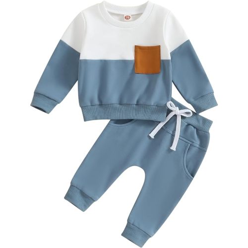 Kupretty Toddler Baby Boy Fall Winter Clothes Color Block Long Sleeve Sweatshirt Pullover Tops + Joggers Pants Outfit Set