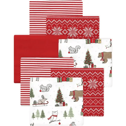 Little Treasure Hudson Baby Cotton Poly Flannel Receiving Blankets Multipack, Red Christmas Forest, 30x30 inches