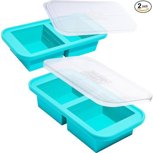 Souper Cubes 2 Cup Silicone Freezer Tray with Lids, Perfect for Storing Lasagna, Leftovers, Sauces, Portioned Meals and More, Silicone Soup Freezer Molds for Meal Prepping - Aqua - 2-Pack
