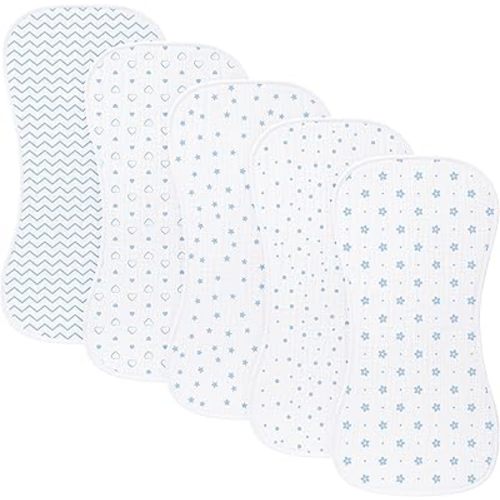 sleepyturtle 5 Pack Baby Burp Cloths, Unisex Newborn Burping Cloths, Soft and Absorbent Muslin Cotton, Large Size for Newborn, (Blue-bw)