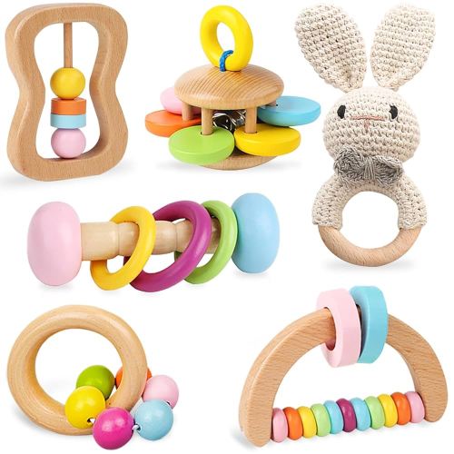 6 PCS Wooden Baby Rattle, Organic Colorful Baby Hand Rattles Set, Wood Rattles for Babies 0-6-12 Months, Wooden Teether Crochet Rattle Toy for Newborn Infant, Montessori Toys for Babies 0-6 Months