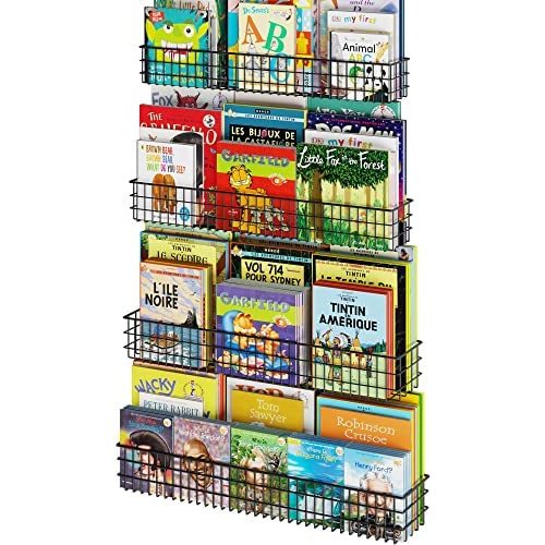 YouHaveSpace Rome Hanging Wire Basket for Kids Room Decor, Wire Floating Book Shelves for Nursery, Bookshelf Set of 4, Multisize, Black
