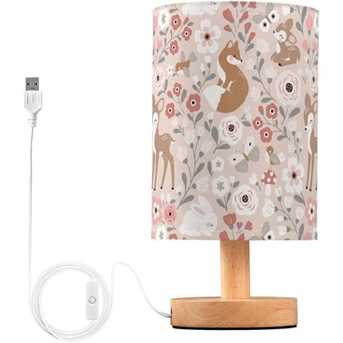 Bedside Table Lamp Cute Animals Flowers Nightstand Lamp with Wood Fox Deer Rabbit Birds Butterfly Desk Lamps for Bedroom Living Room Nursery Office Home Decor