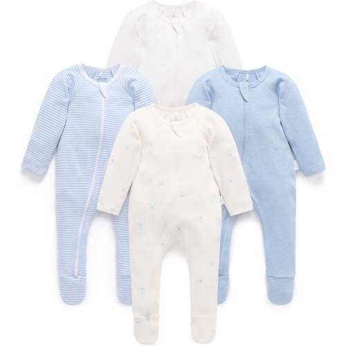 4 Pack Zip Footie Pale Blue Bear Pack - Purebaby | Maisonette | Newborn or 0-3