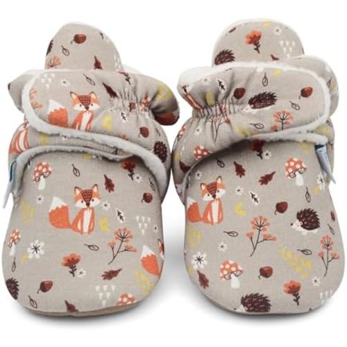 Dotty Fish Warm Fleece-Lined Baby Booties. Non-Slip Suede Sole. Brown with Woodland Animals. 0-6 months