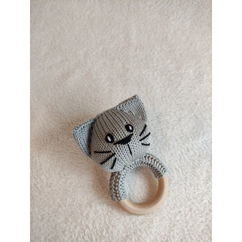 Gray Cat - Baby Rattle Toy on Wooden Teething ring