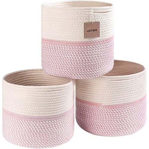 voten Cube Storage Baksets Bins 11x11’’ Fit 12x12’’ Organizer Bookcases Shelving,Stylish&Durable Woven Cotton Basket Containers for Organizing 3-Pack Off White/Mixed Pink - L11xW11xH10.7