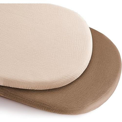 Konssy 2 Pack Muslin Bassinet Sheets for Baby Boy, 100% Cotton Soft Breathable Bassinet Mattress Sheets Fit for Hourglass Oval Cradle Rectangle Mattress (Brown,Summer Wheat)
