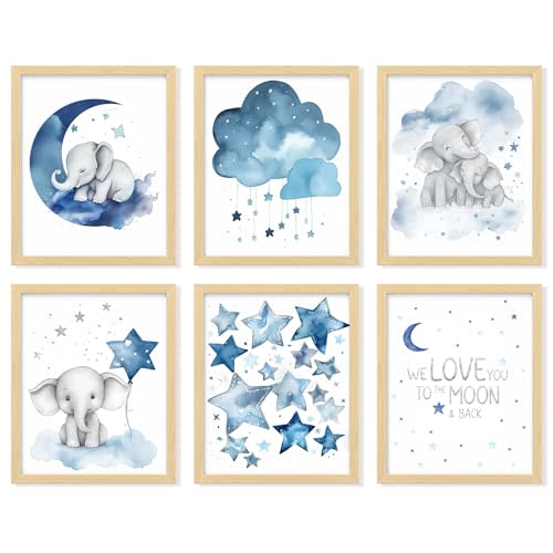 97 Decor Baby Girl Elephant Nursery Decor - Baby Boy Room Decorations for Nursery Wall Decor, Blue Moon and Stars Nursery Art Prints, Cute Elephant Poster Animal Picture for Bedroom (8x10 UNFRAMED)