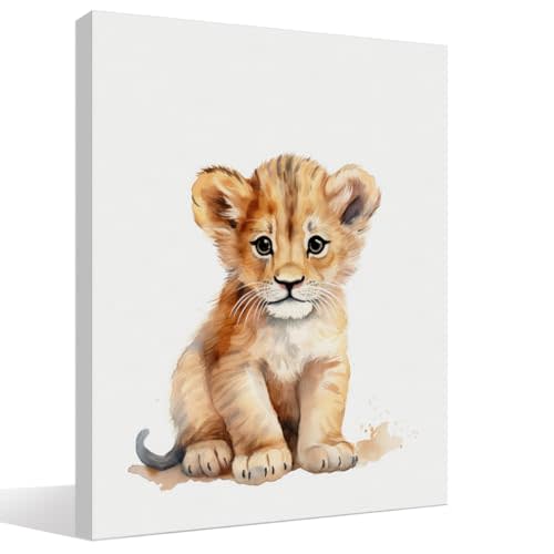 BIWSHA Cute Lion Wall Art - Woodland Animals Nursery Decor, Watercolor Wild Animal Lion Wall Art Prints Poster Decor for Nursery Kids Boys Girls Room Playroom, 11x14 Inches Framed