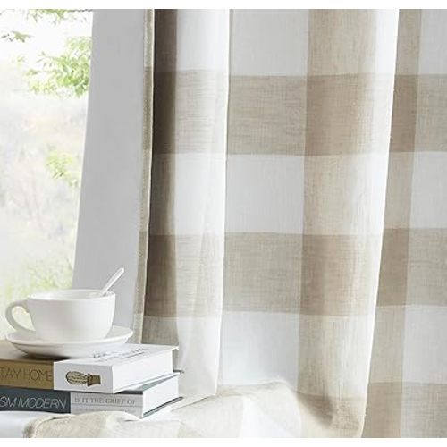 Tan White Buffalo Plaid Full Blackout Curtain Panel 72 Inch,Farmhouse Geo Checkered Drape with Darkening Liners,Grommet Energy Efficient Window Treatment for Bedroom Living Room,40"Wx72"Lx2