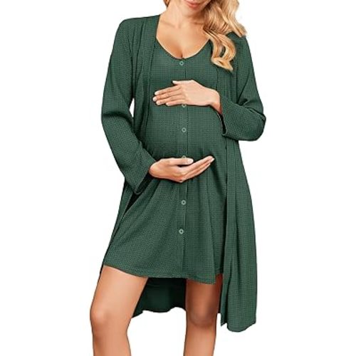 Ekouaer Maternity Nursing Gown and Robe Set 2 Piece Waffle Breastfeeding Nightgown 3 in 1 Labor and Delivery Hospital Gown